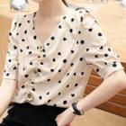 Elbow-sleeve V-neck Dotted Blouse