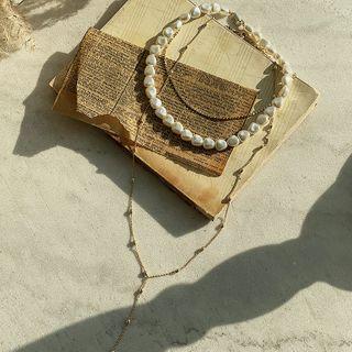 Pearl / Ball-chain / Lariat Necklace Set (3 Pcs) Gold - One Size