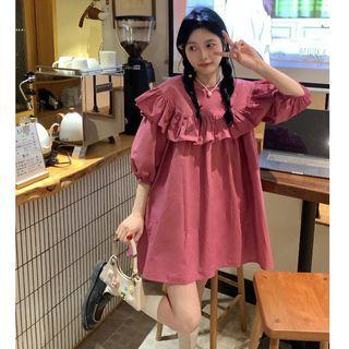 Elbow-sleeve Ruffle Trim Mini Smock Dress Dark Pink - One Size