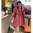 Elbow-sleeve Ruffle Trim Mini Smock Dress Dark Pink - One Size