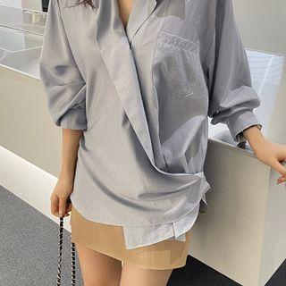 Pocket-detail Wrap-front Blouse Sky Blue - One Size