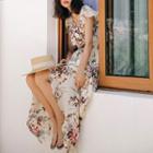 Short-sleeve Floral Print Tie-back Maxi A-line Dress