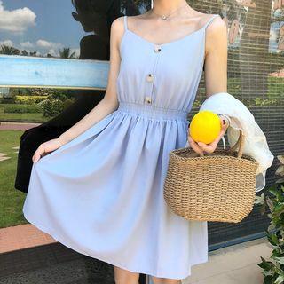 Button Front V-neck Sleeveless Dress