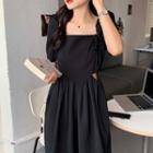 Puff-sleeve Square Neck Drawstring Cutout Dress