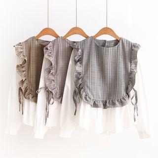 Plaid Panel Ruffle Trim Long-sleeve Top