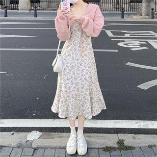Spaghetti Strap Floral Mermaid Dress / Long-sleeve Cardigan