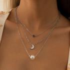 Faux Pearl Moon & Heart Pendant Layered Alloy Necklace