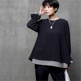 Frill-sleeve Layered Check-edge Blouse