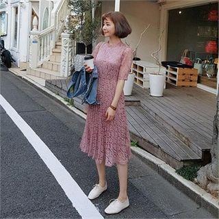 Puff-sleeve Accordion-pleat Lace Dress