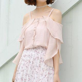 Plain Off-shoulder Ruffled-trim Chiffon Top