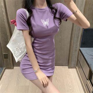 Short-sleeve Butterfly Print Sheath Dress