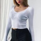 Long Sleeve V-neck Plain Ribbed-knit Crop Sweater