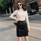 Mock Neck Long-sleeve Knit Top/ Faux Leather H-line Skirt