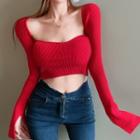 Long-sleeve Square-neck Cropped Knit Top Red - One Size