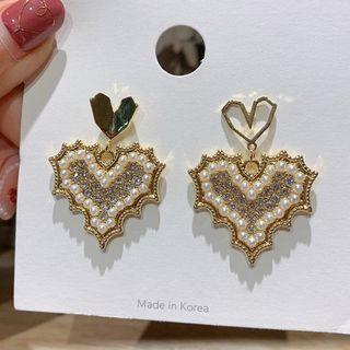 925 Sterling Rhinestone Faux Pearl Heart Drop Earring 1 Pair - As Shown In Figure - One Size