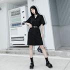Set: Short-sleeve A-line Mini Shirtdress + Belt