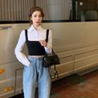 Plain Long-sleeve Shirt / Sleeveless Top / High-waist Jeans