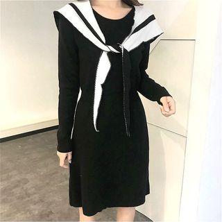 Inset Scarf Long Sleeve Plain Dress