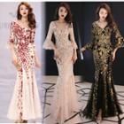 Embellished Bell-sleeve Mermaid Evening Gown