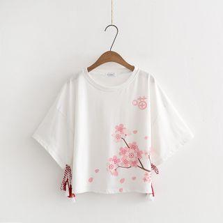 Elbow-sleeve Floral Print Tasseled T-shirt