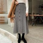 Plus Size Band-waist Buttoned Long Checked Skirt