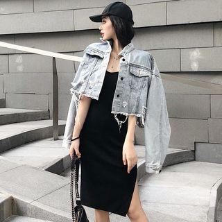 Ripped Crop Denim Jacket / Spaghetti Strap Dress