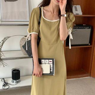 Puff-sleeve Contrast Trim Drawstring Dress
