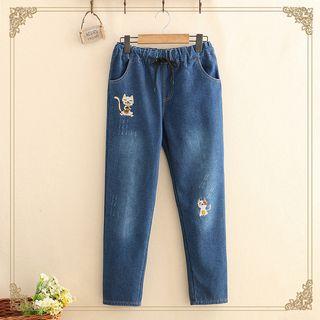 Cat Embroidered Fleece-lined Jeans