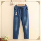 Cat Embroidered Fleece-lined Jeans