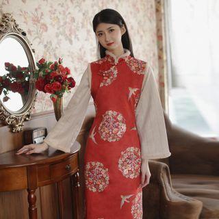 Long-sleeve Midi Qipao / Mandarin Collar Print Midi Vest