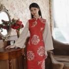 Long-sleeve Midi Qipao / Mandarin Collar Print Midi Vest