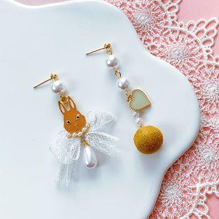 Non-matching Alloy Rabbit Faux Pearl Lace Bow Dangle Earring