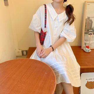 Elbow-sleeve Tiered A-line Shirtdress White - One Size