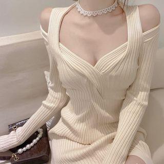 Long-sleeve Off-shoulder Knit Sheath Dress