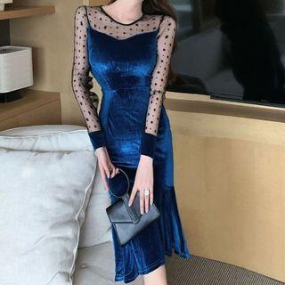 Long-sleeve Mesh Panel Velvet Midi Sheath Dress