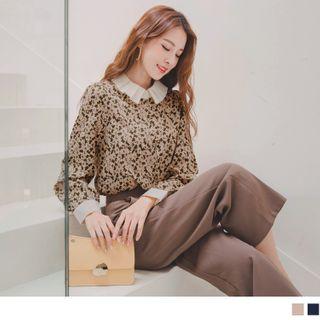 Frilled Trim Collar Floral Print Shirt