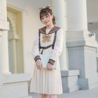 Long-sleeve Buckled Sailor Collar Pleated A-line Dress