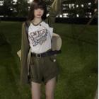 Long-sleeve Letter Print Raglan T-shirt / High Waist Plain Shorts