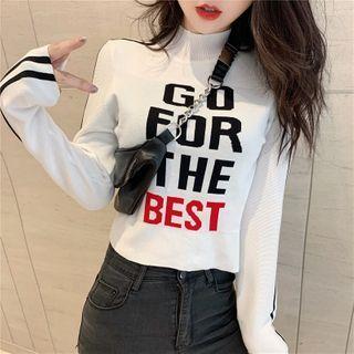 Mock Turtleneck Lettering Cropped Knit Top
