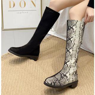 Faux Leather Paneled Low-heel Tall Boots
