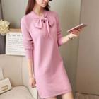 Long-sleeve Bow Knit A-line Mini Dress