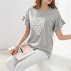 Ruffle-sleeve Printed T-shirt