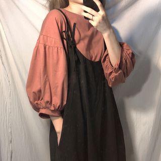 Oversized Lantern-sleeve Top / Suspender Wide-leg Pants