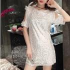 Short-sleeve Cold Shoulder Sequined Mini Dress