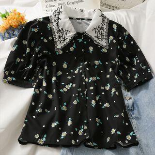 Patchwork Printed Loose Shirt Black - One Size