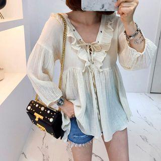 Lace-up Ruffled Blouse Beige - One Size