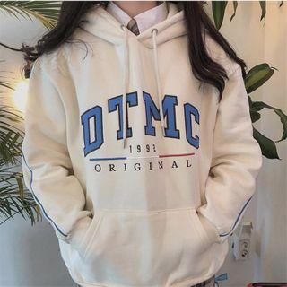 Letter Embroidered Hooded Pullover Off-white - One Size