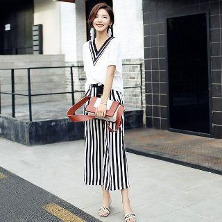 Set: Short-sleeve V-neck Top + Striped Wide-leg Pants