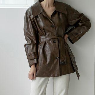 Raglan Faux-leather Jacket With Belt