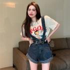 Elbow-sleeve Print T-shirt / Denim Jump Shorts